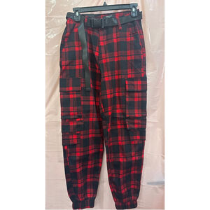 AMERICAN BAZI Red Black Plaid Cargo Joggers S